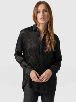 Saint and Sofia Boyfriend Shirt - Black & Gold Floral Burnout