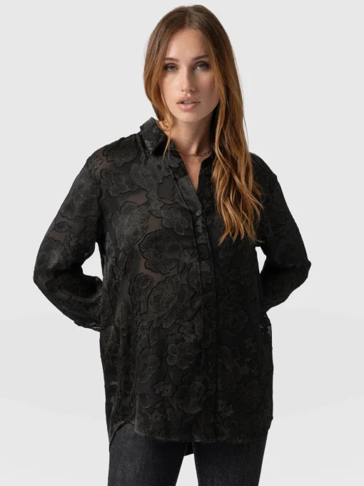 Saint and Sofia Boyfriend Shirt - Black & Gold Floral Burnout