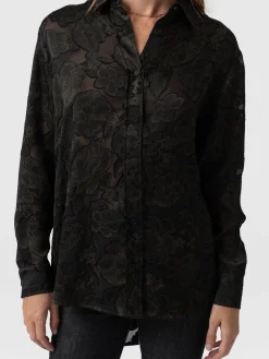 Saint and Sofia Boyfriend Shirt - Black & Gold Floral Burnout