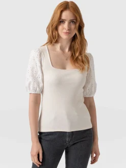 Saint and Sofia Cavendish Square Neck Tee - Cream Broderie