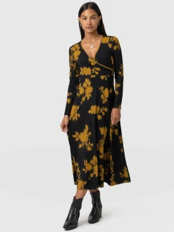 Saint and Sofia Maggie Wrap Midi Dress - Yellow Fade Floral