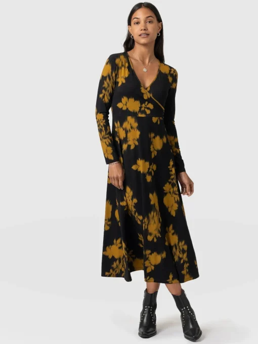 Saint and Sofia Maggie Wrap Midi Dress - Yellow Fade Floral