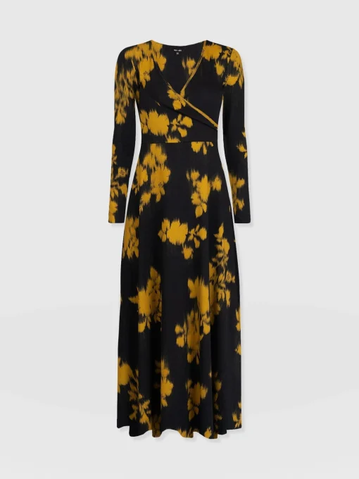 Saint and Sofia Maggie Wrap Midi Dress - Yellow Fade Floral