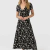 Saint and Sofia Maggie Wrap Short Sleeve Midi Dress - Black Spring Floral