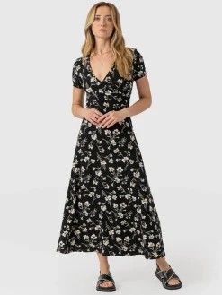 Saint and Sofia Maggie Wrap Short Sleeve Midi Dress - Black Spring Floral