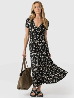 Saint and Sofia Maggie Wrap Short Sleeve Midi Dress - Black Spring Floral
