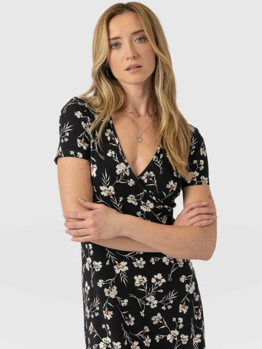 Saint and Sofia Maggie Wrap Short Sleeve Midi Dress - Black Spring Floral
