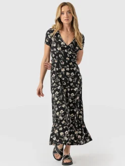 Saint and Sofia Maggie Wrap Short Sleeve Midi Dress - Black Spring Floral
