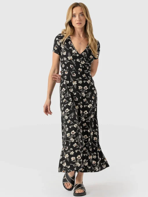 Saint and Sofia Maggie Wrap Short Sleeve Midi Dress - Black Spring Floral