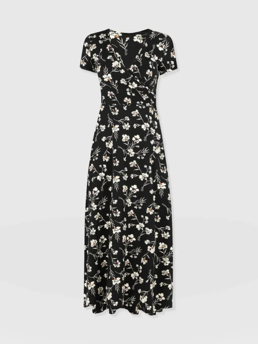 Saint and Sofia Maggie Wrap Short Sleeve Midi Dress - Black Spring Floral
