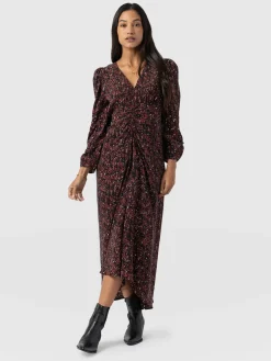 Saint and Sofia Paloma Ruched Dress - Red Ditsy Leopard