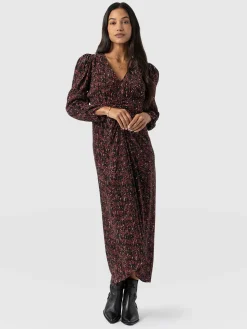 Saint and Sofia Paloma Ruched Dress - Red Ditsy Leopard