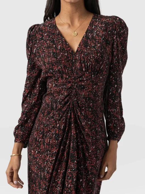 Saint and Sofia Paloma Ruched Dress - Red Ditsy Leopard