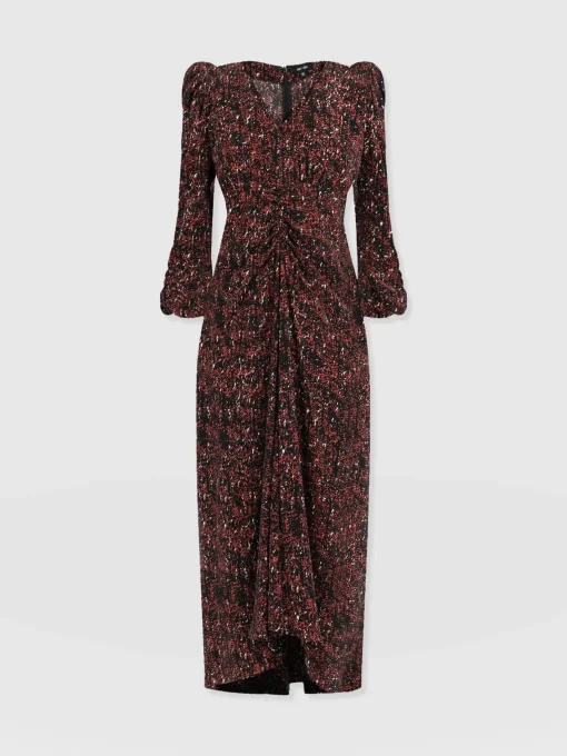Saint and Sofia Paloma Ruched Dress - Red Ditsy Leopard