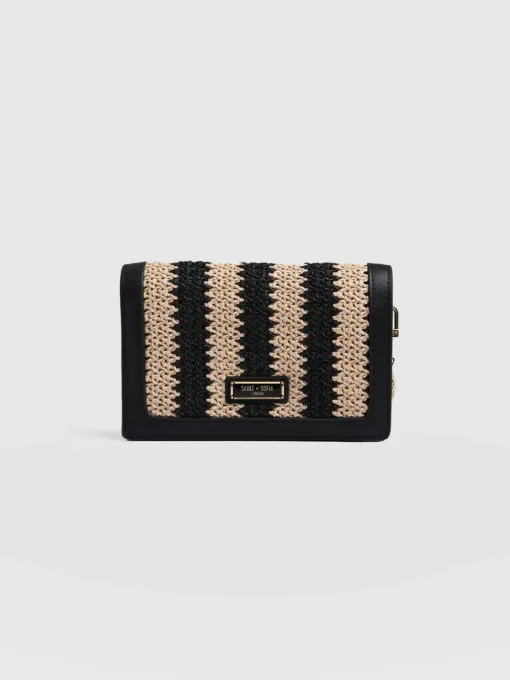 Saint and Sofia Primrose Wallet on Chain - Beige/Black Raffia