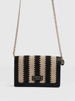 Saint and Sofia Primrose Wallet on Chain - Beige/Black Raffia