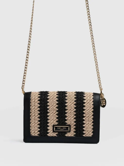 Saint and Sofia Primrose Wallet on Chain - Beige/Black Raffia