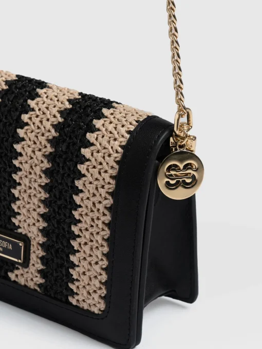 Saint and Sofia Primrose Wallet on Chain - Beige/Black Raffia