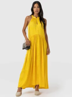 Saint and Sofia Zoey Halter Neck Dress - Yellow Jacquard