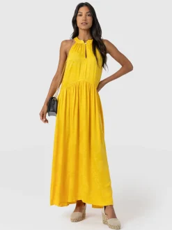 Saint and Sofia Zoey Halter Neck Dress - Yellow Jacquard